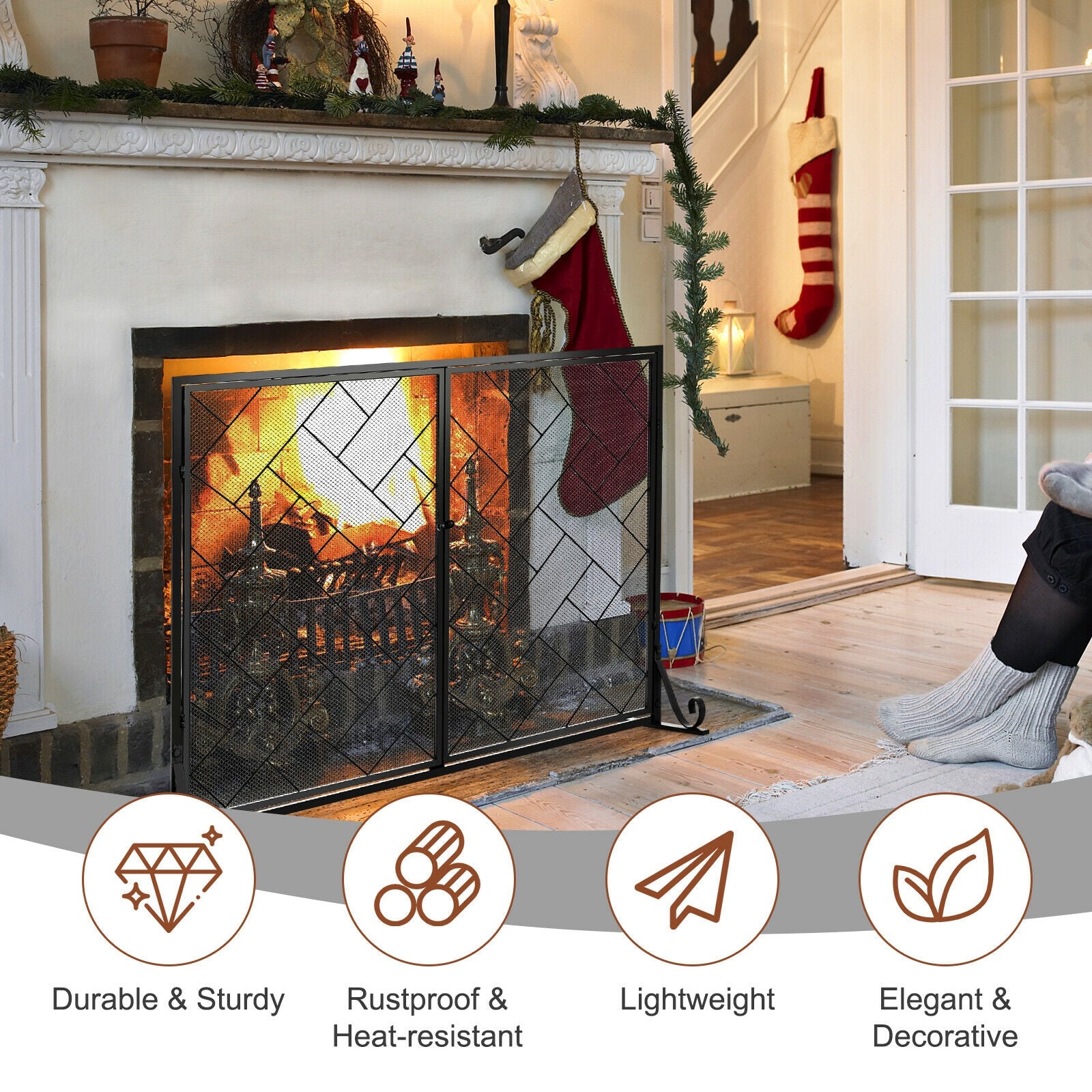 2-Panel Fireplace Screen Folding Metal Fire Place Safety Fence with Magnetic Doors-Black