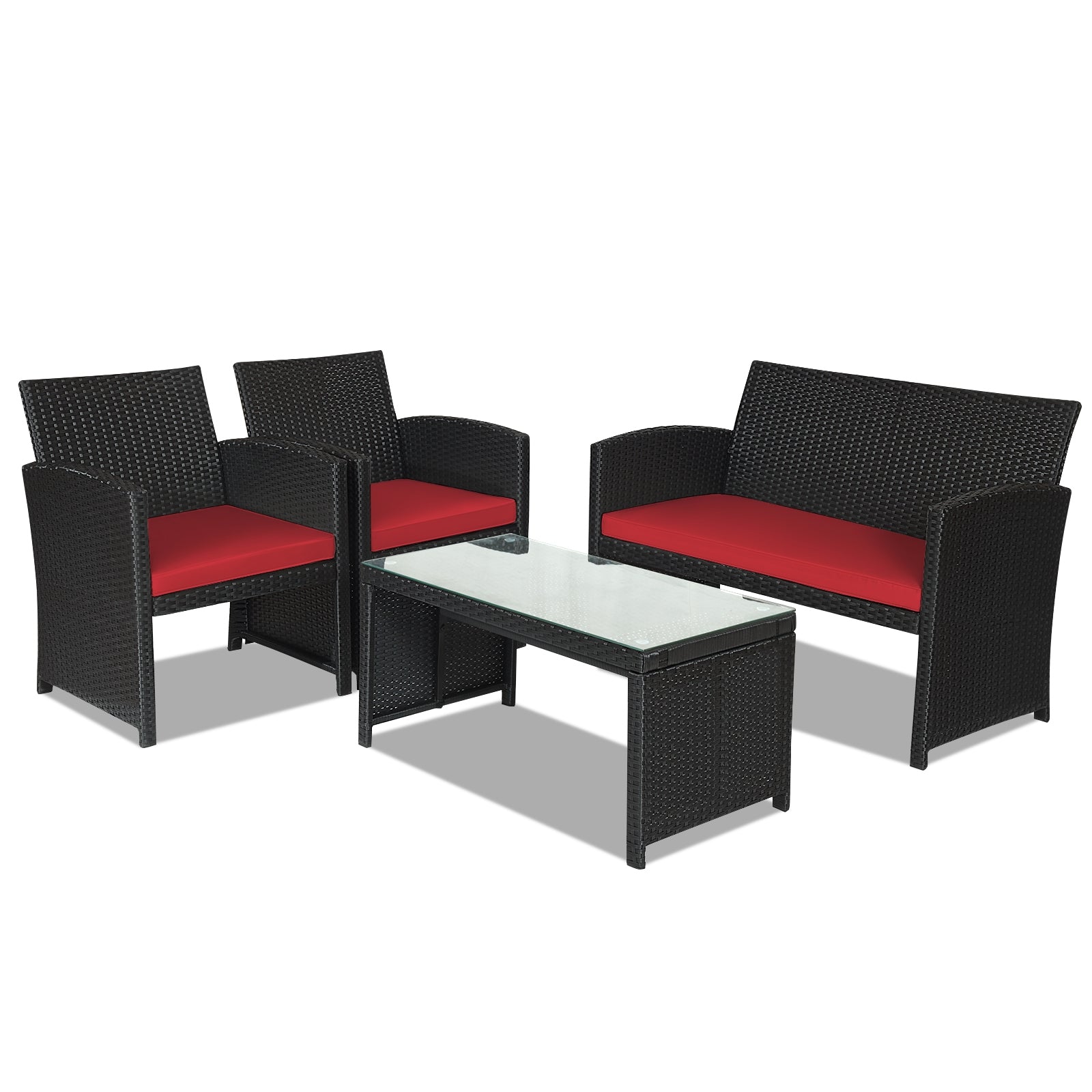 4 Pieces Rattan Patio Furniture Set with Weather Resistant Cushions and Tempered Glass Tabletop-Navy - Red