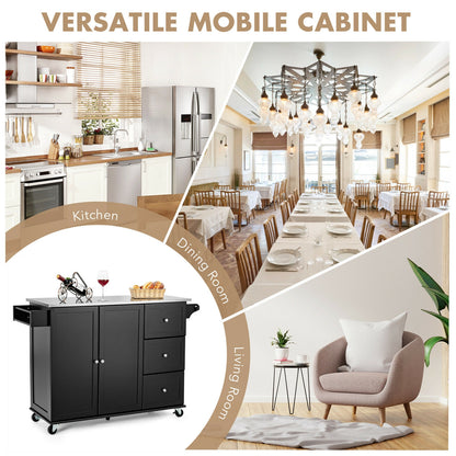 Rolling Kitchen Island with Stainless Steel Countertop and 3 Drawers-Black