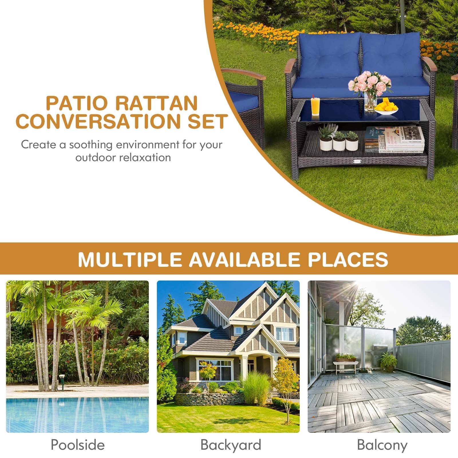 4 Pieces Patio Rattan Furniture Set with Cushioned Sofa and Storage Table-Navy - Navy