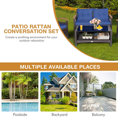 4 Pieces Patio Rattan Furniture Set with Cushioned Sofa and Storage Table-Navy - Navy