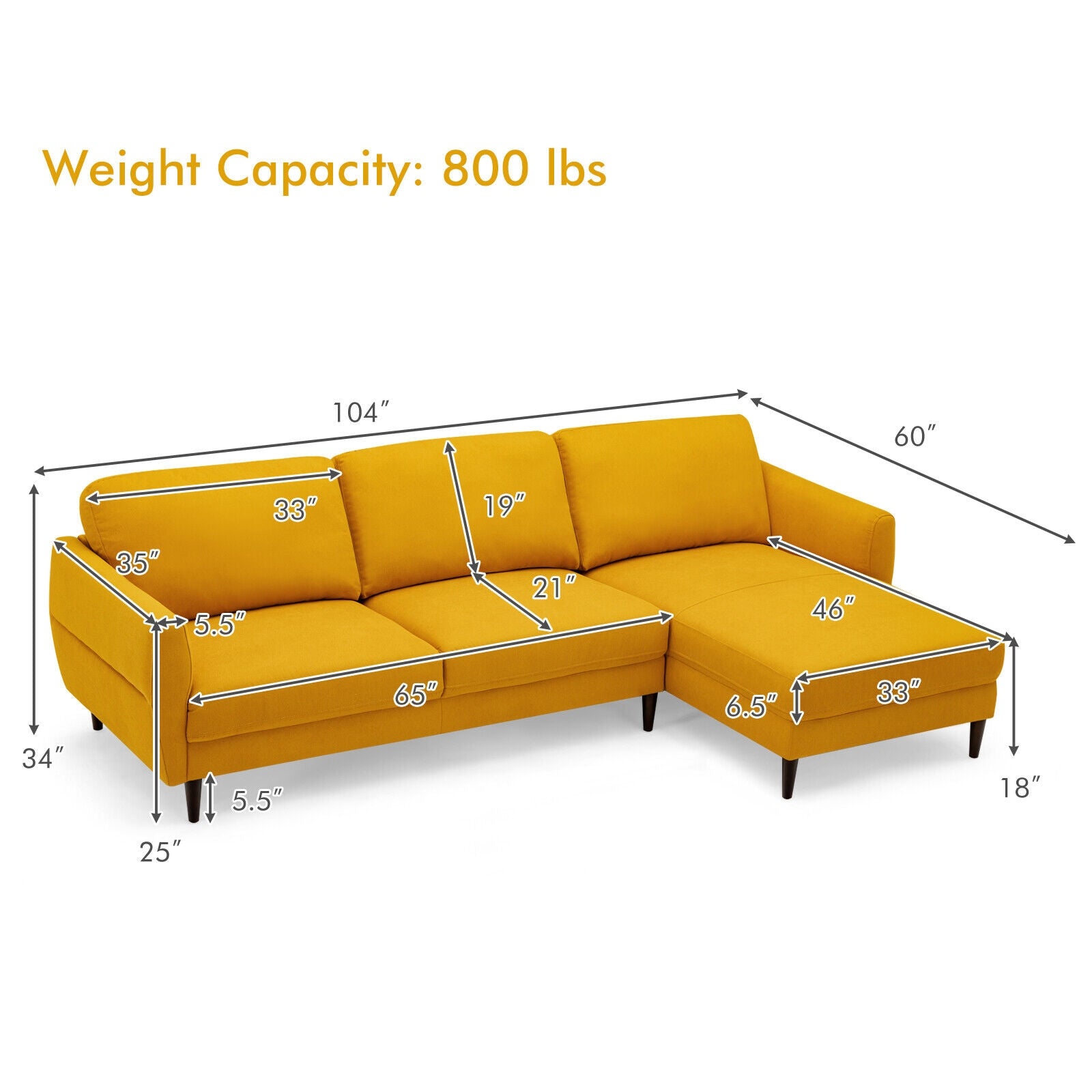 L-Shaped Fabric Sectional Sofa with Chaise Lounge and Solid Wood Legs-Yellow