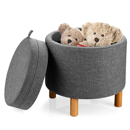 Round Fabric Storage Ottoman with Tray and Non-Slip Pads for Bedroom-Beige - Gray