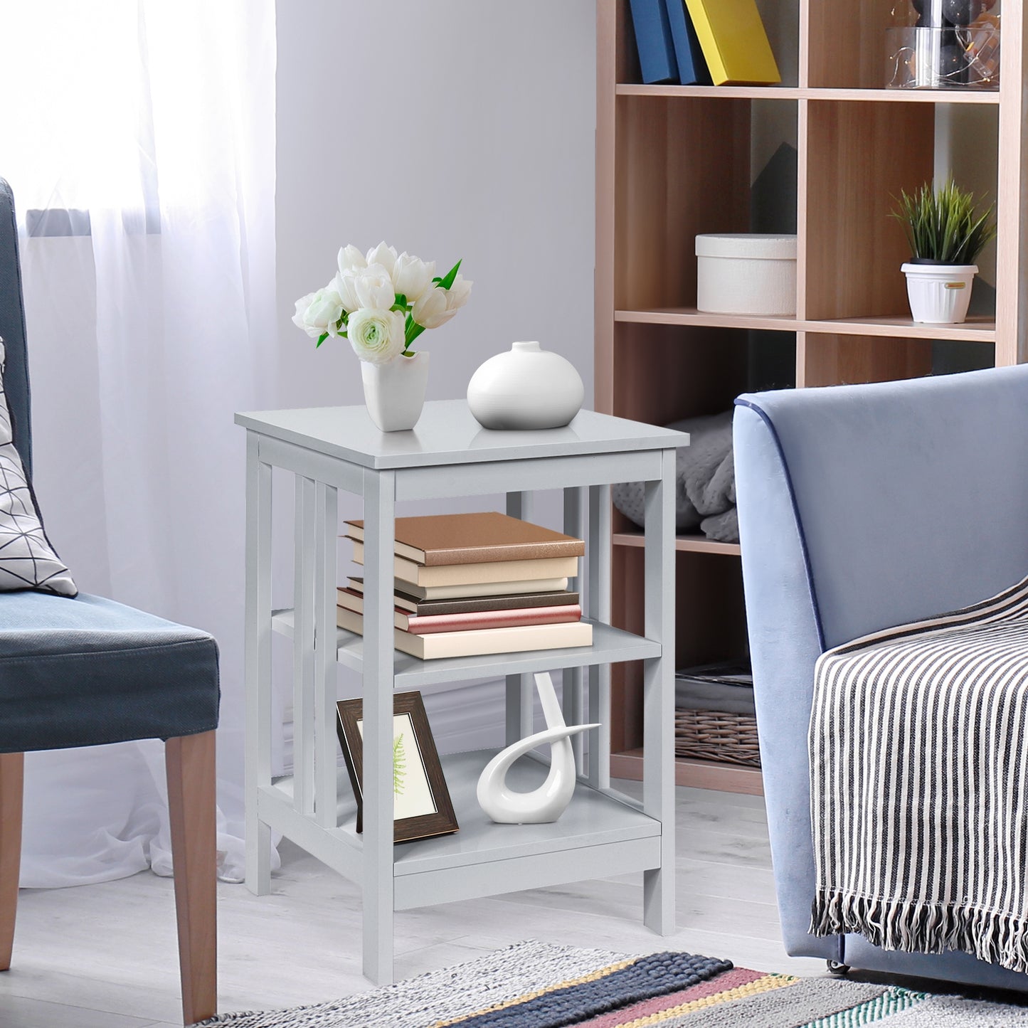 3-Tier Nightstand Sofa Side Table with Baffles and Round Corners-Gray