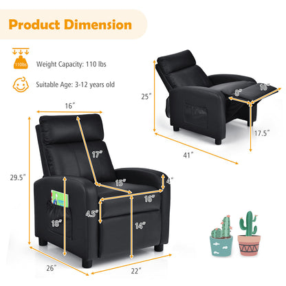 Ergonomic PU Leather Kids Recliner Lounge Sofa for 3-12 Age Group-Black - Black