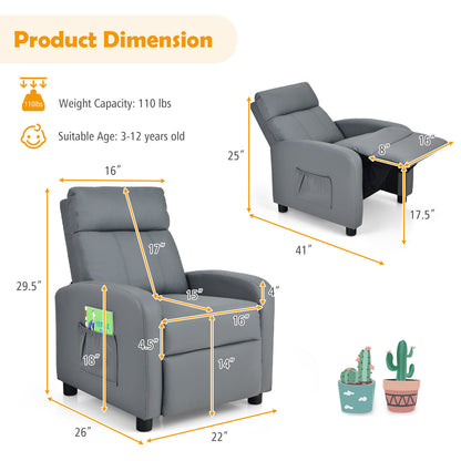 Ergonomic PU Leather Kids Recliner Lounge Sofa for 3-12 Age Group-Black - Gray