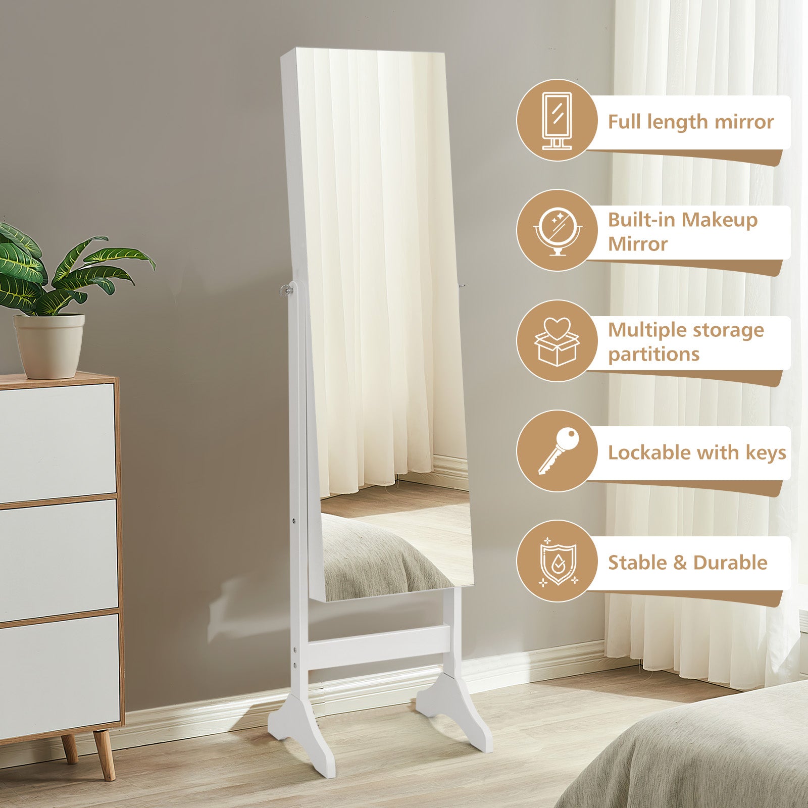 Adjustable Standing Jewelry Cabinet with Full Length Mirror-White