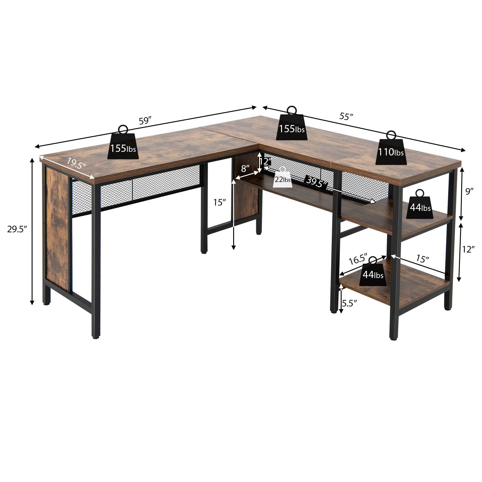 Industrial L-Shaped Corner Computer Desk Office Workstation with Storage Shelves-Rustic Brown