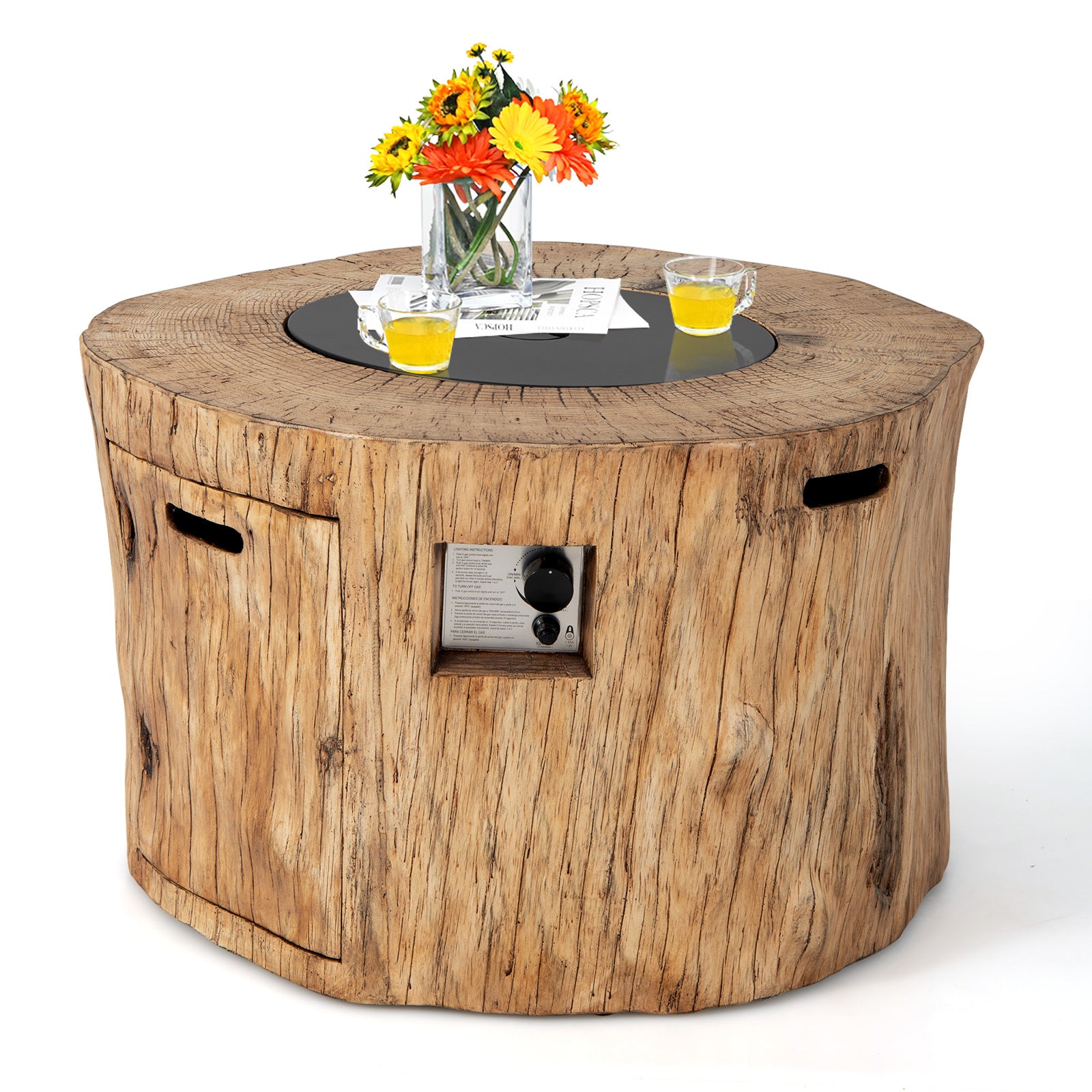 40 Inch Round Propane Gas Fire Pit Table Wood-Like Surface with Laval Rock PVC Cover