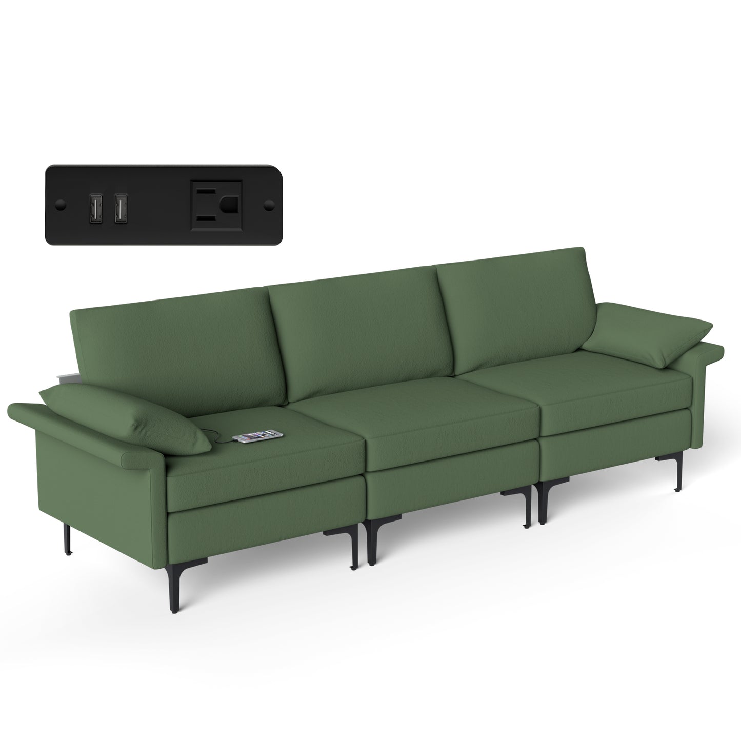 Large 3-Seat Sofa Sectional with Metal Legs and 2 USB Ports for 3-4 people-Green - Green