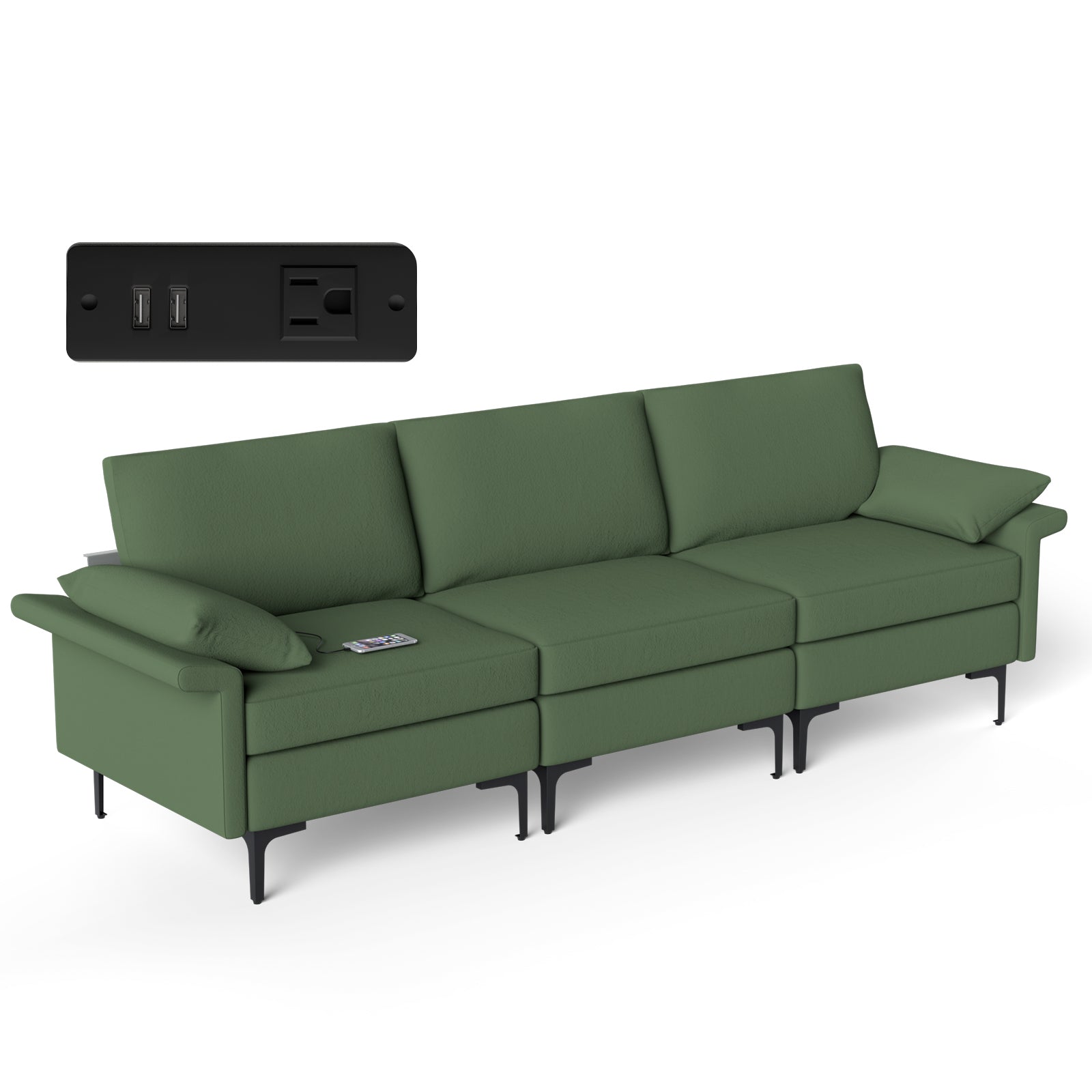 Large 3-Seat Sofa Sectional with Metal Legs and 2 USB Ports for 3-4 people-Green - Green