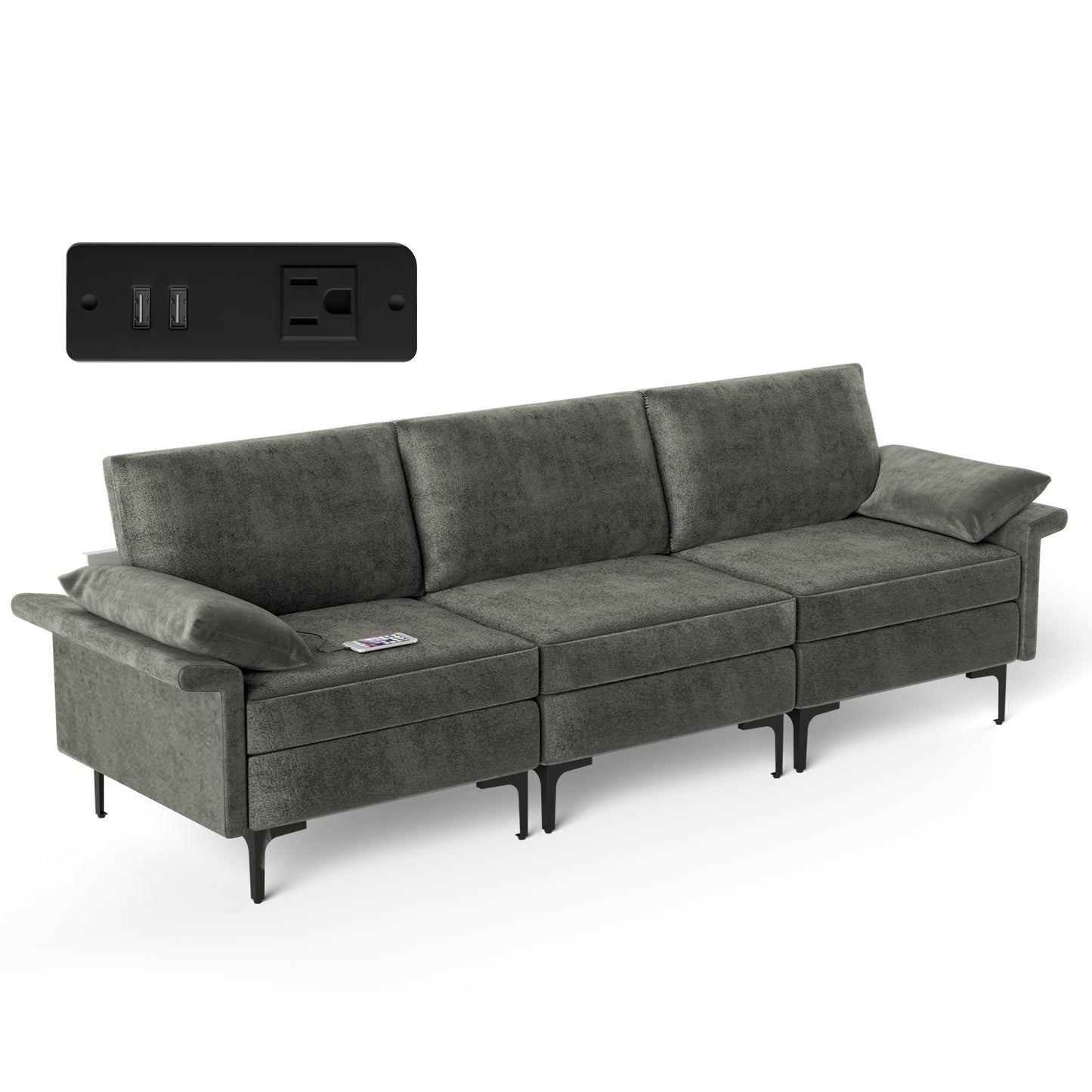 Large 3-Seat Sofa Sectional with Metal Legs and 2 USB Ports for 3-4 people-Green - Silver