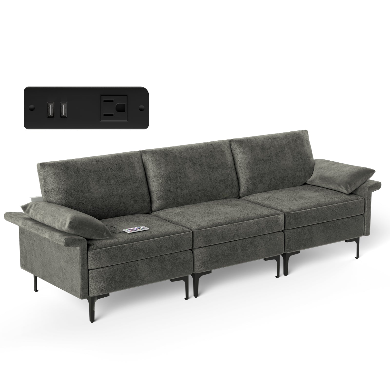 Large 3-Seat Sofa Sectional with Metal Legs and 2 USB Ports for 3-4 people-Green - Silver