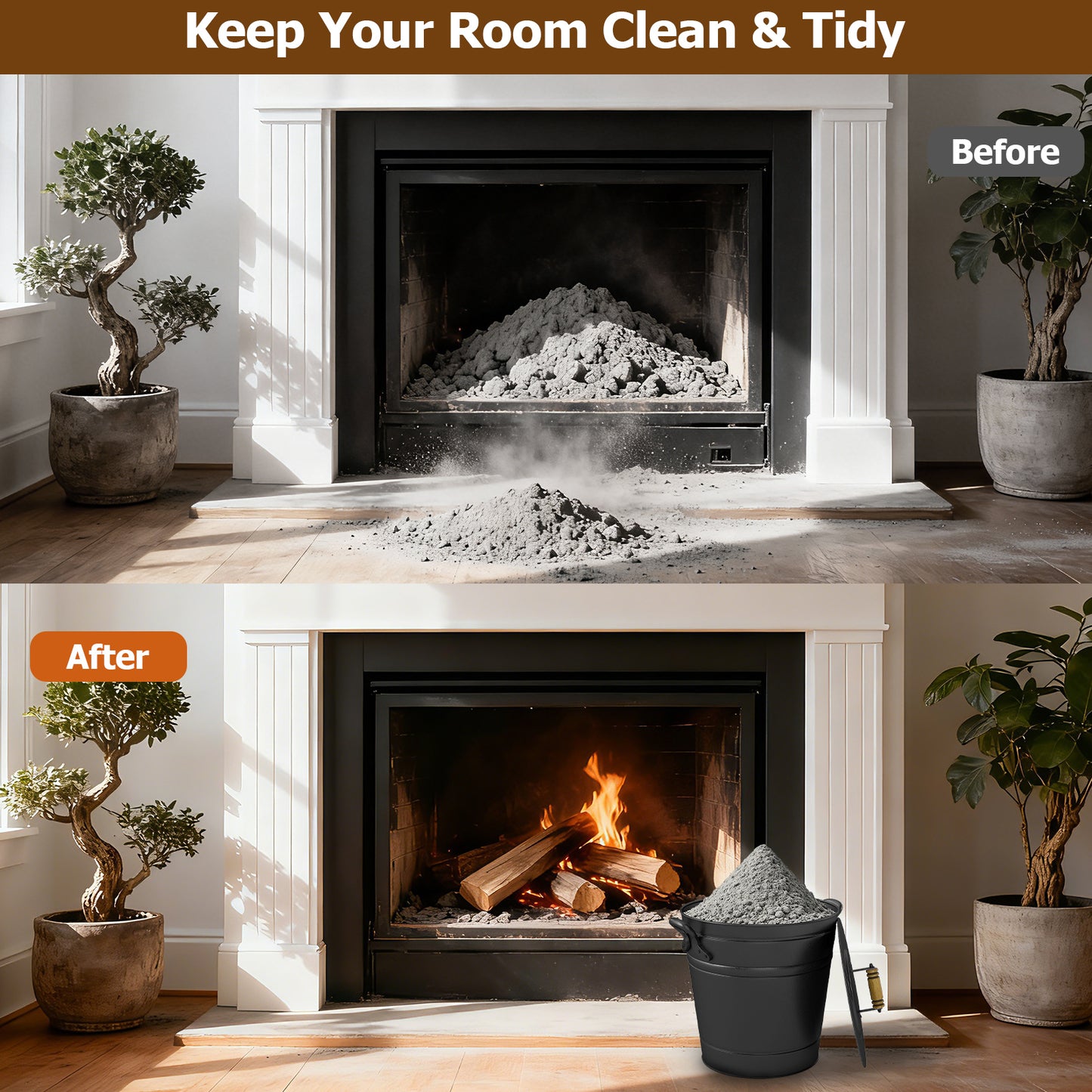 2.9 Gallon Metal Coal Ash Can with Wooden Lid and Side Grips for Fireplace Fire Pits
