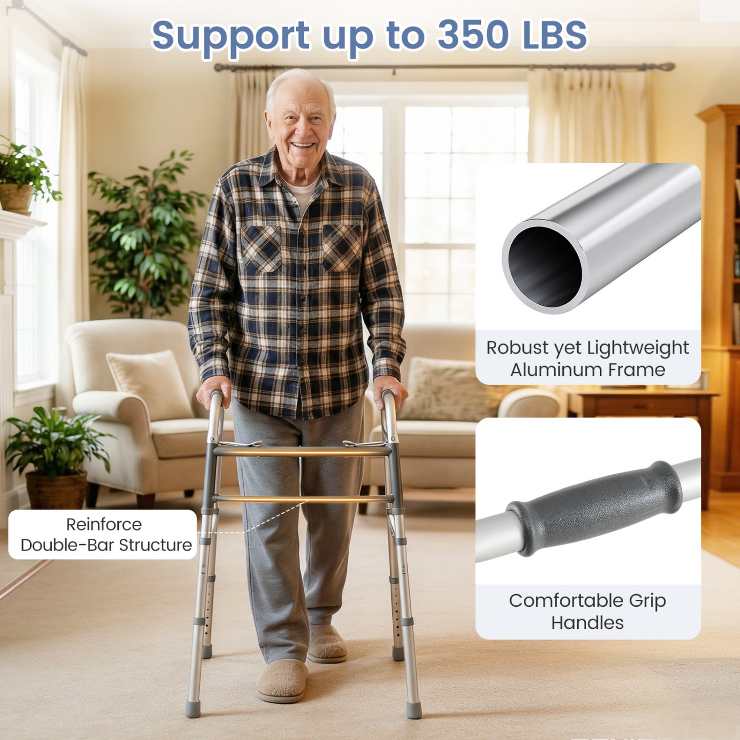 2-Button Folding Walker Lightweight with 7-Level Adjustable Height