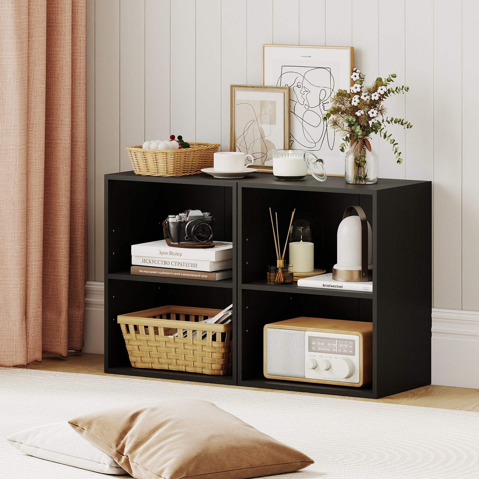 2-Cube Bookcase Floor Standing Open Bookshelf with 5-Position Adjustable Shelf-Black