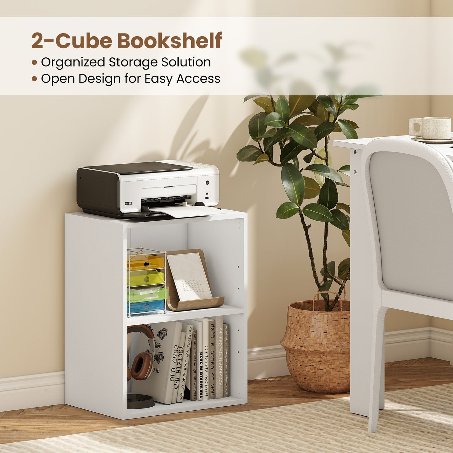 2-Cube Bookcase Set of 2 Floor Standing Open Bookshelf w/ 5-Position Adjustable Shelf-White