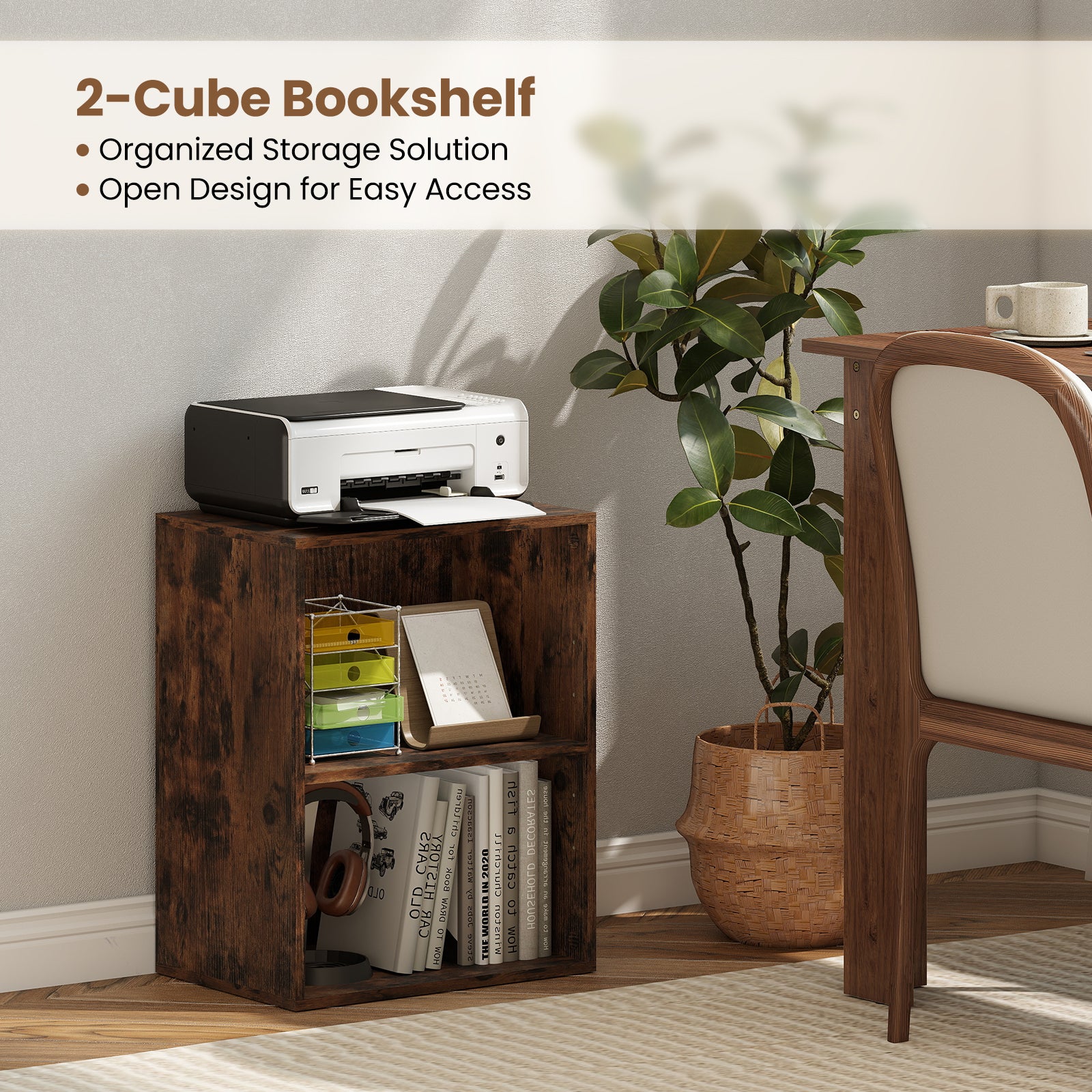 2-Cube Bookcase Set of 2 Floor Standing Open Bookshelf w/ 5-Position Adjustable Shelf-Brown