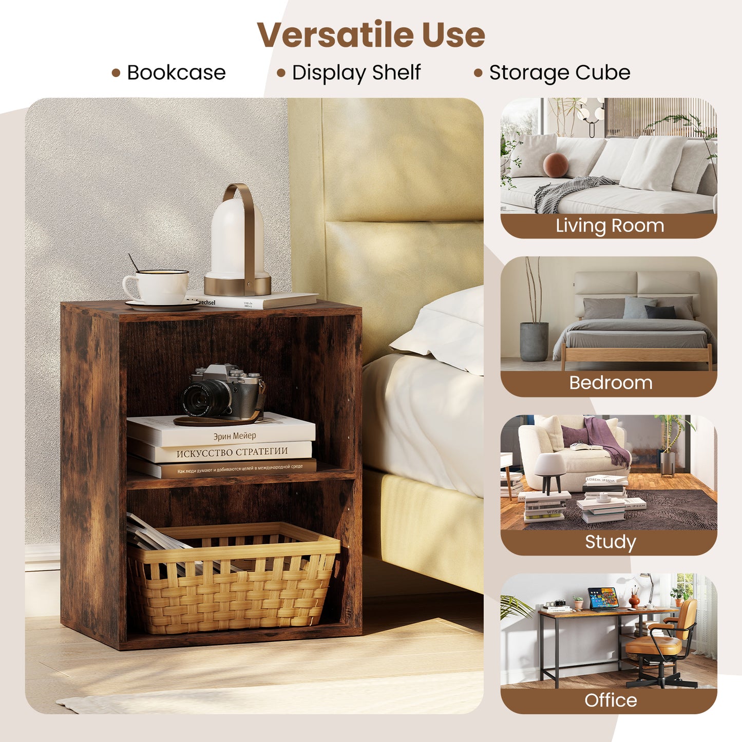 2-Cube Bookcase Set of 2 Floor Standing Open Bookshelf w/ 5-Position Adjustable Shelf-Brown
