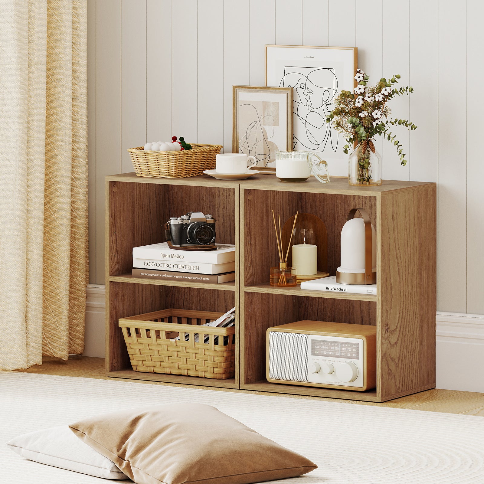 2-Cube Bookcase Set of 2 Floor Standing Open Bookshelf w/ 5-Position Adjustable Shelf-Natural