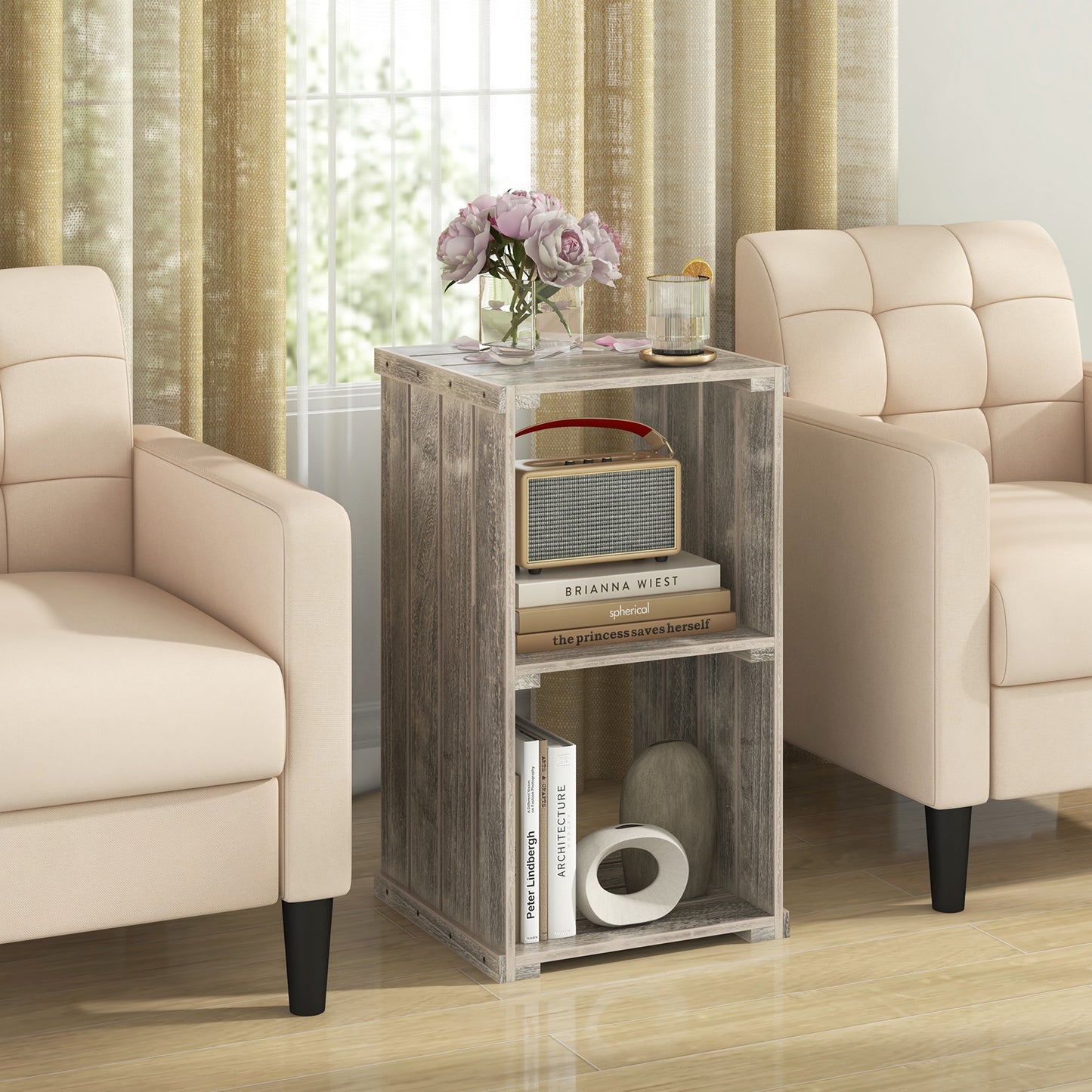 2-Cube Storage Shelf with Open Back and 3-Tier Shelf-Light Brown