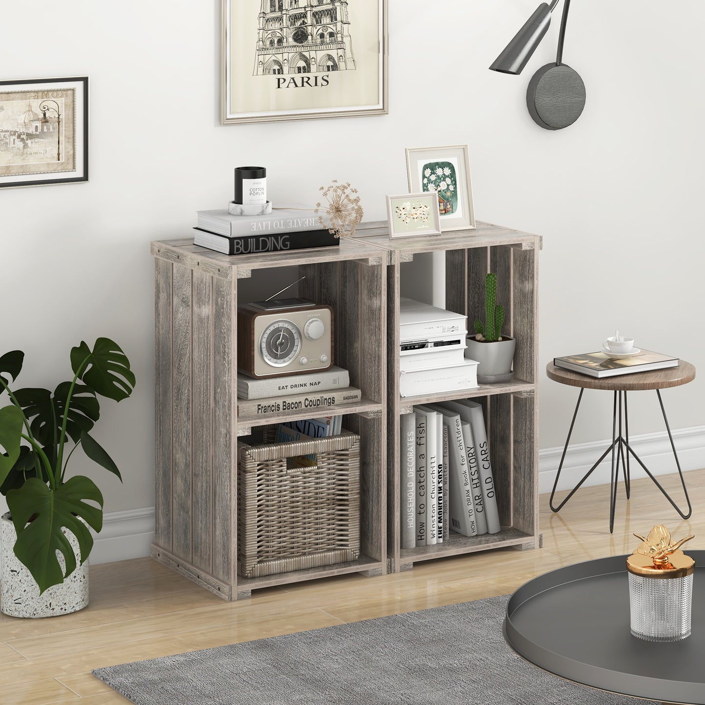 2-Cube Storage Shelf with Open Back and 3-Tier Shelf-Light Brown