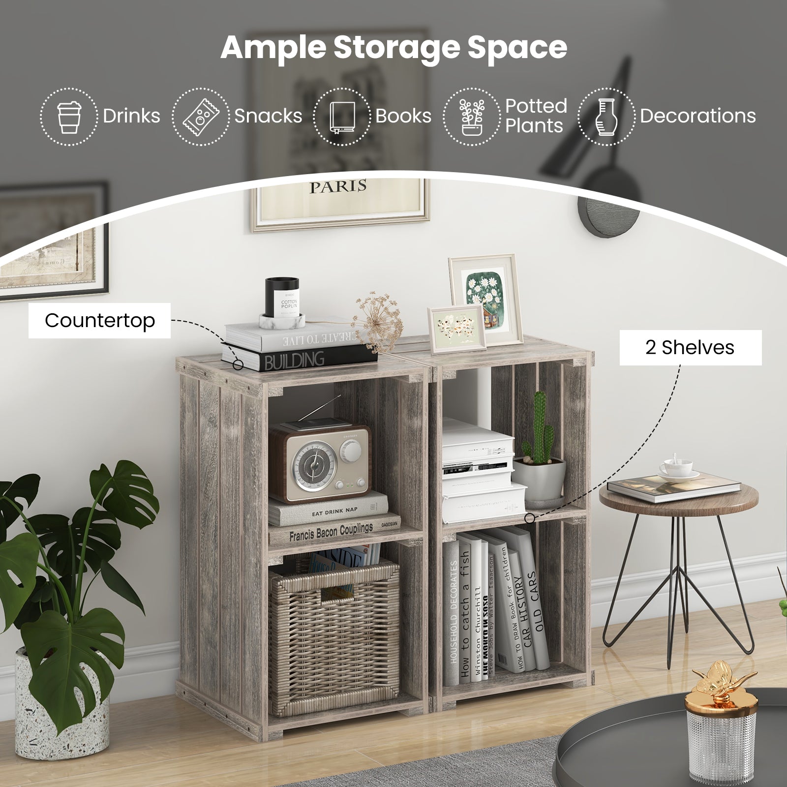 2-Cube Storage Shelf with Open Back and 3-Tier Shelf-Light Brown