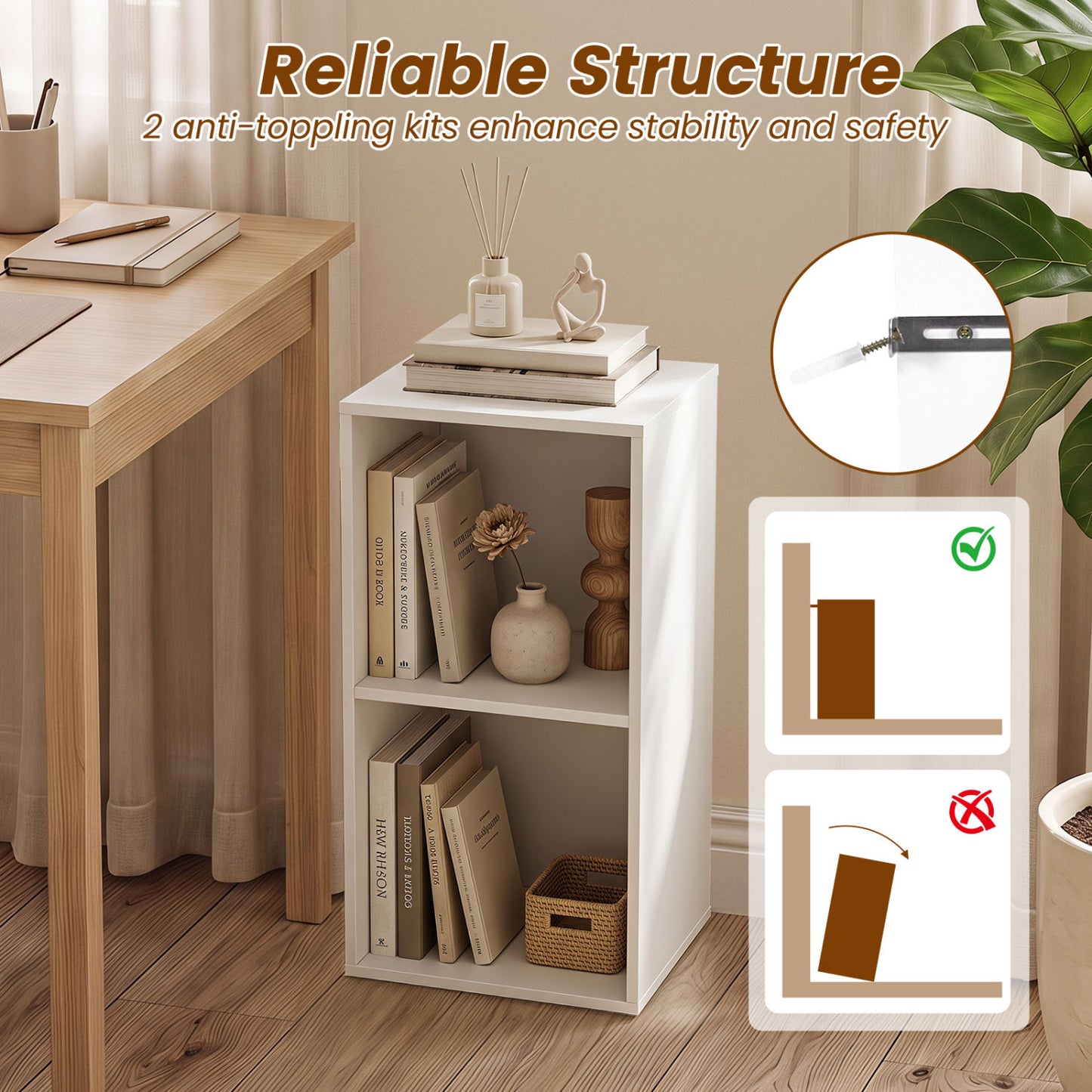 2-Cube Bookshelf with Anti-Tipping Kit - White