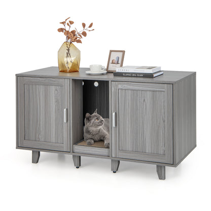 2-Door Cat Litter Box Enclosure with Winding Entry and Scratching Board-Brown - Oak