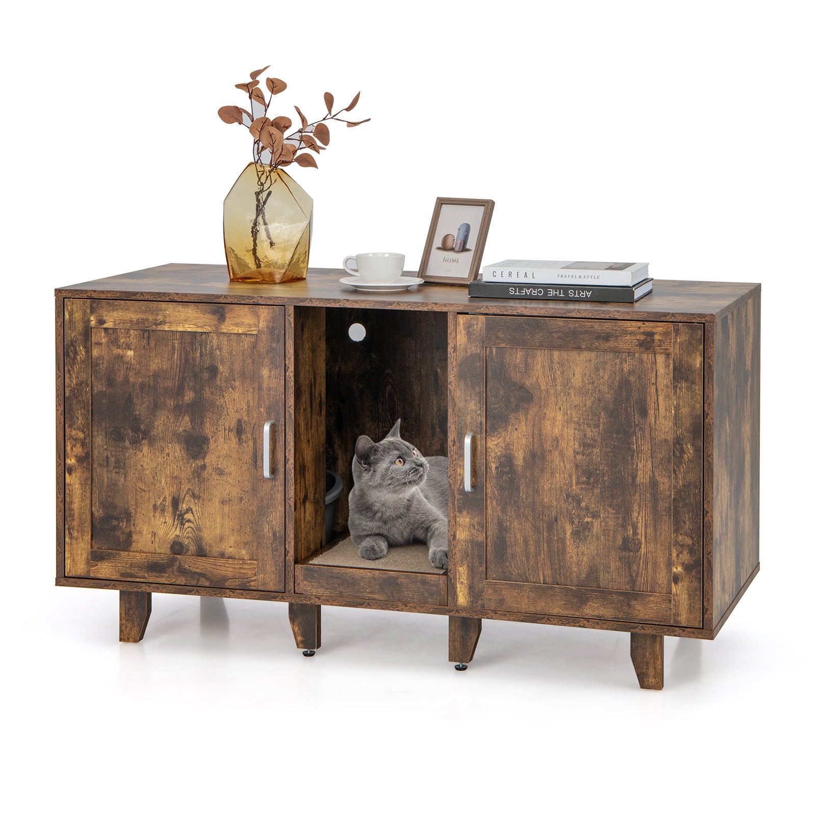 2-Door Cat Litter Box Enclosure with Winding Entry and Scratching Board-Brown - Rustic Brown