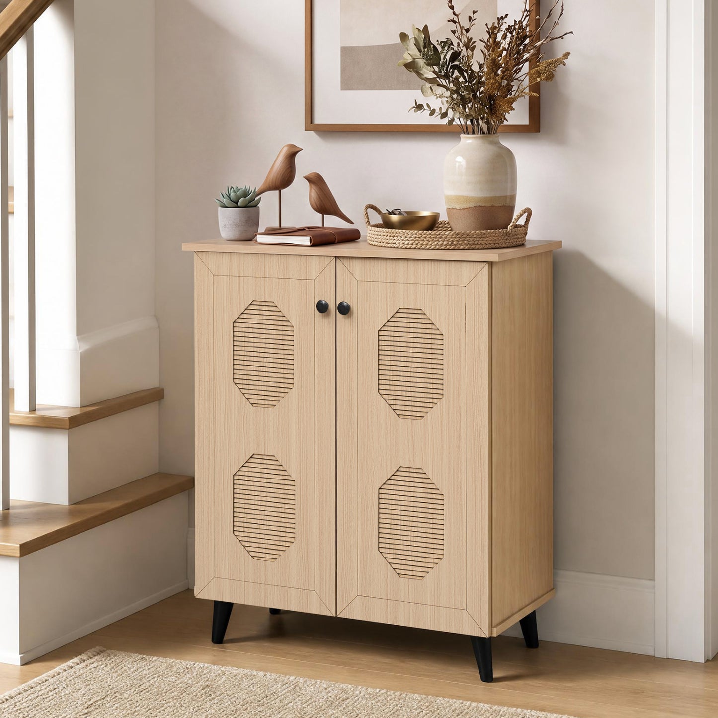 2-Door Shoe Storage Cabinet with Geometric Carved Panels