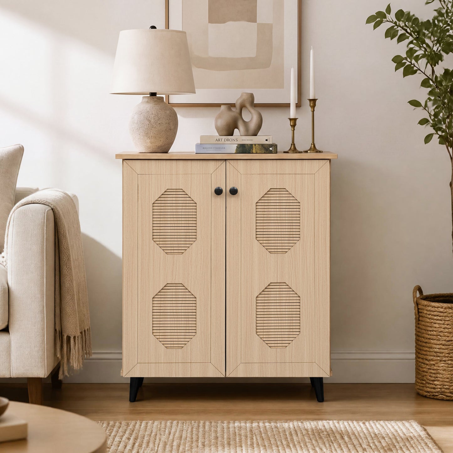 2-Door Shoe Storage Cabinet with Geometric Carved Panels