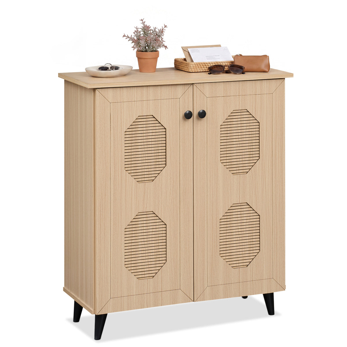 2-Door Shoe Storage Cabinet with Geometric Carved Panels