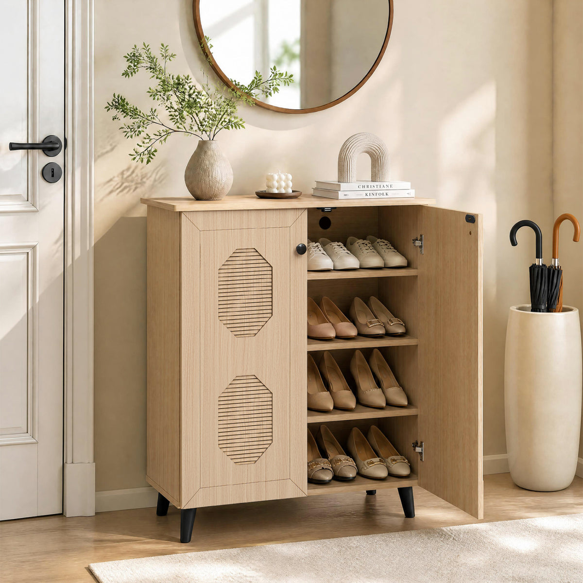 2-Door Shoe Storage Cabinet with Geometric Carved Panels