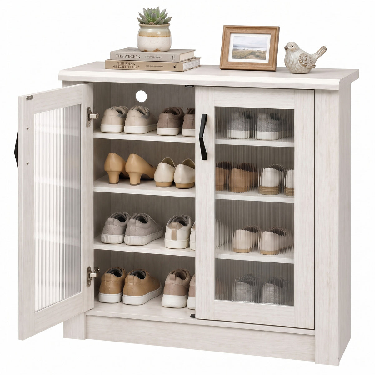 2-Door Shoe Cabinet with Removable Shelves - White
