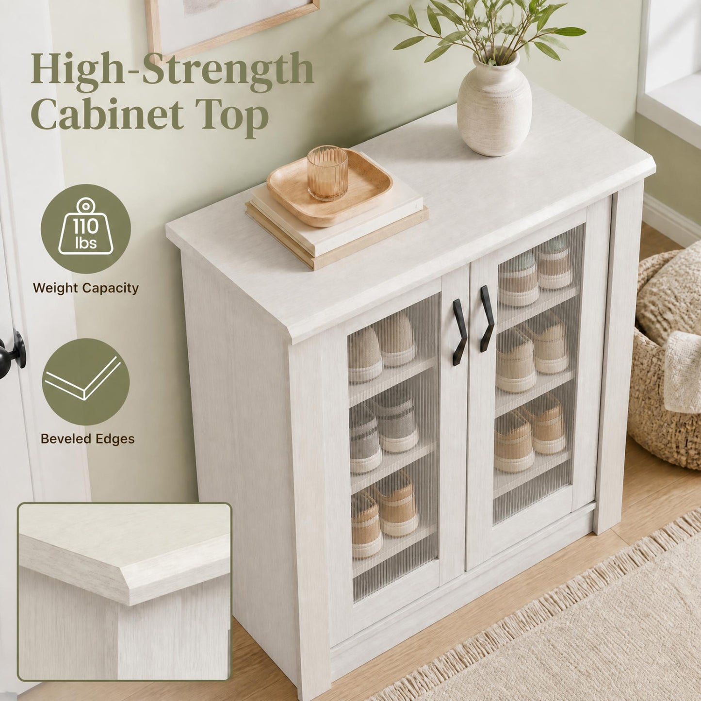 2-Door Shoe Cabinet with Removable Shelves - White