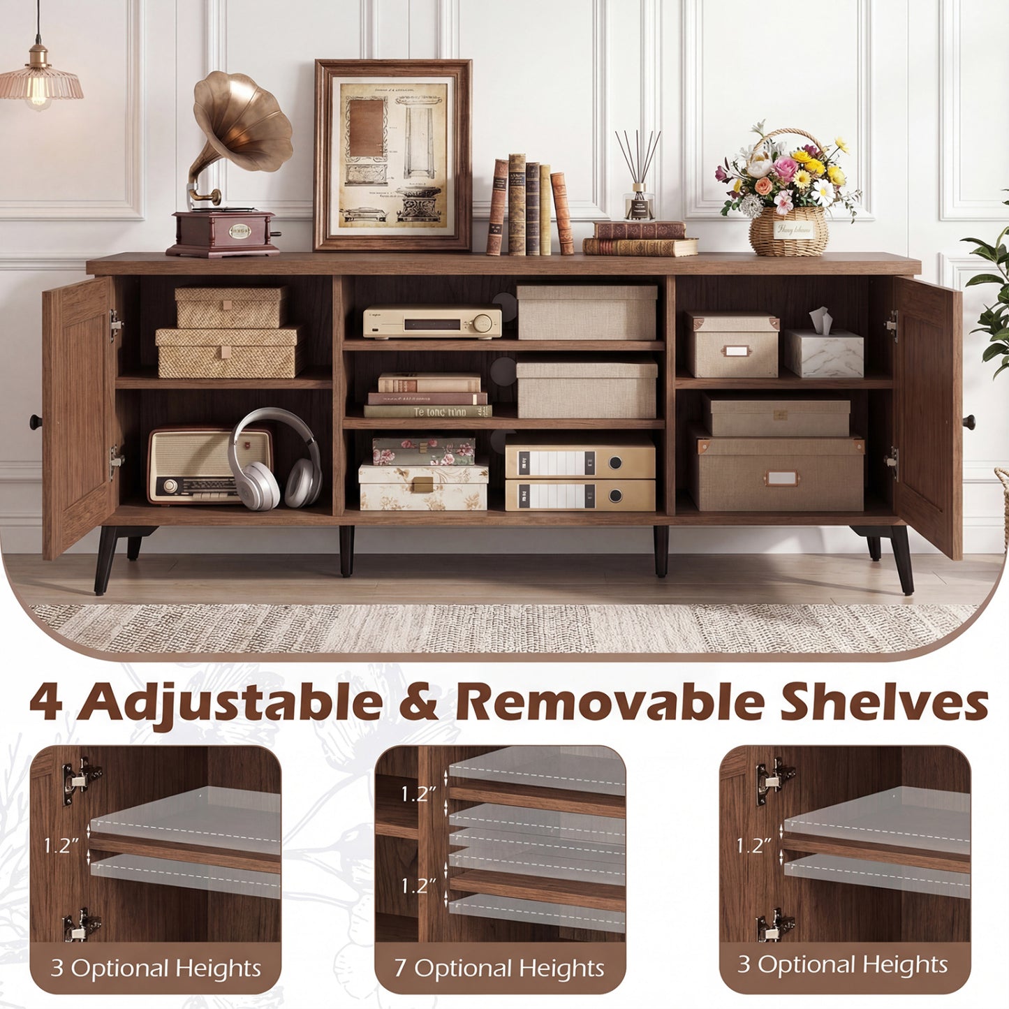 2-Door TV Stand for TVs up to 65 Inch Mid Century Modern Entertainment Center