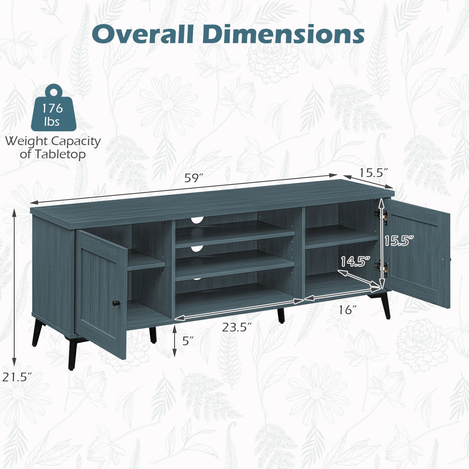2-Door TV Stand for TVs up to 65 Inch Mid Century Modern Entertainment Center
