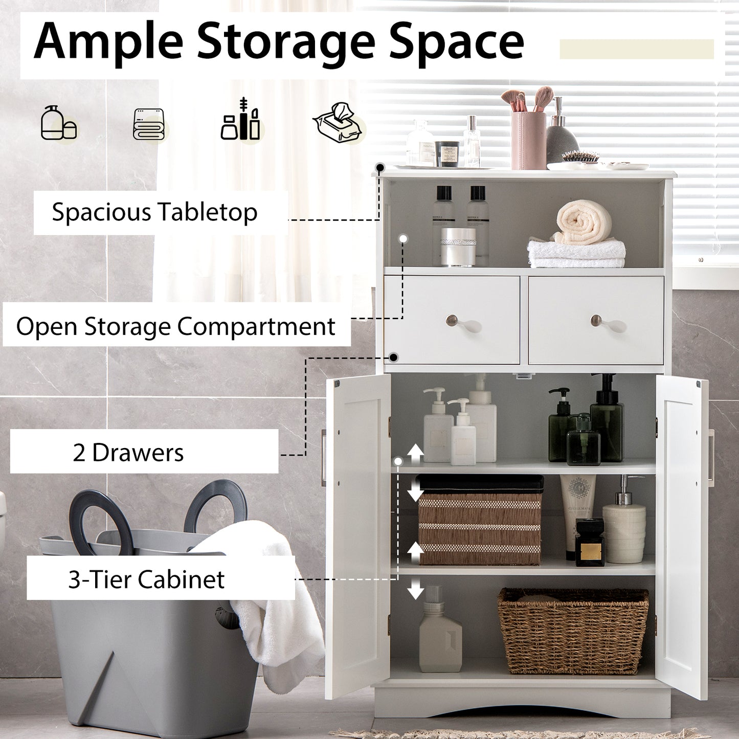 2 Doors Freeestanding Bathroom Floor Cabinet with 2 Drawers and Adjustable Shelves-White