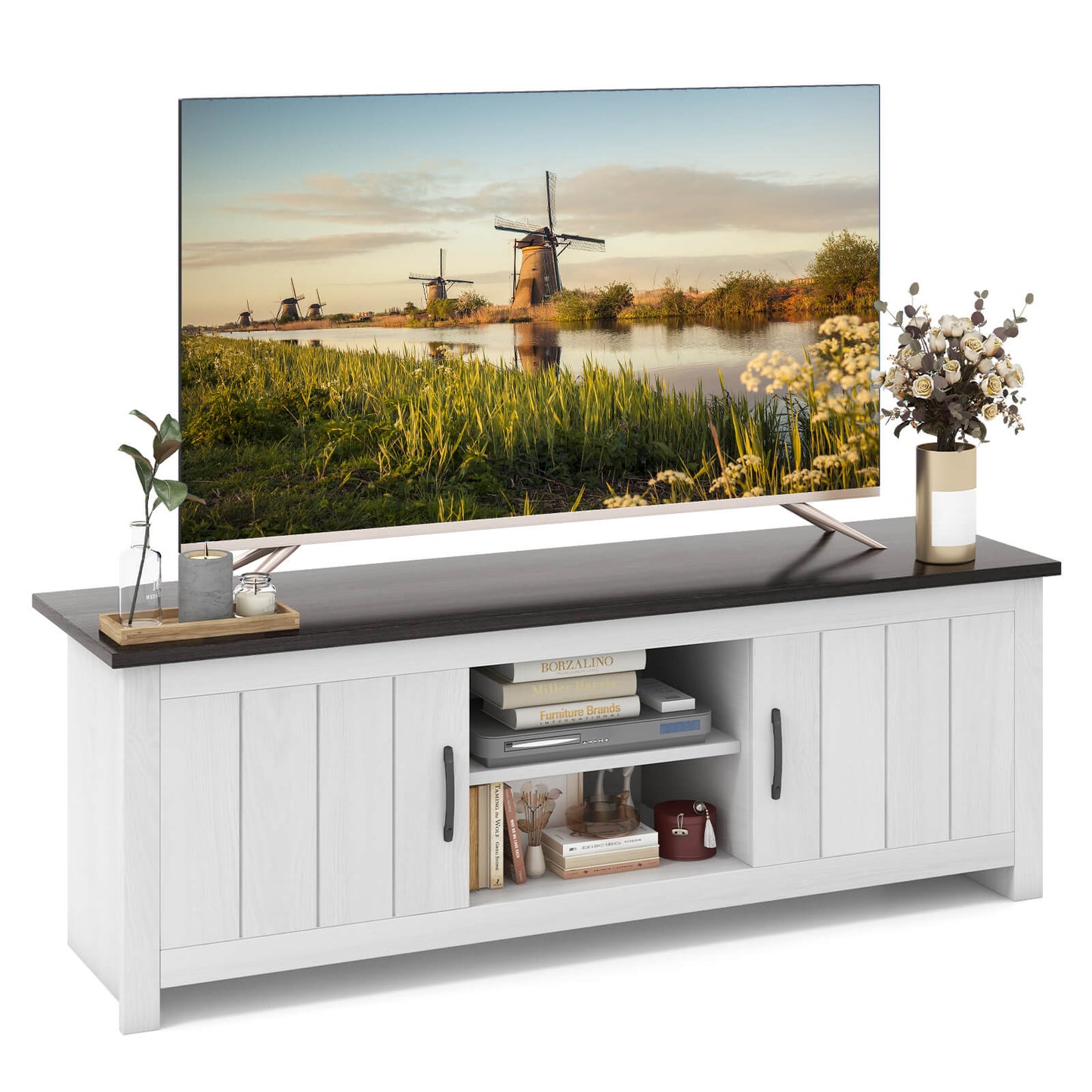 TV Stand with 2 Cabinets and Open Shelves for TVs up to 65 Inch