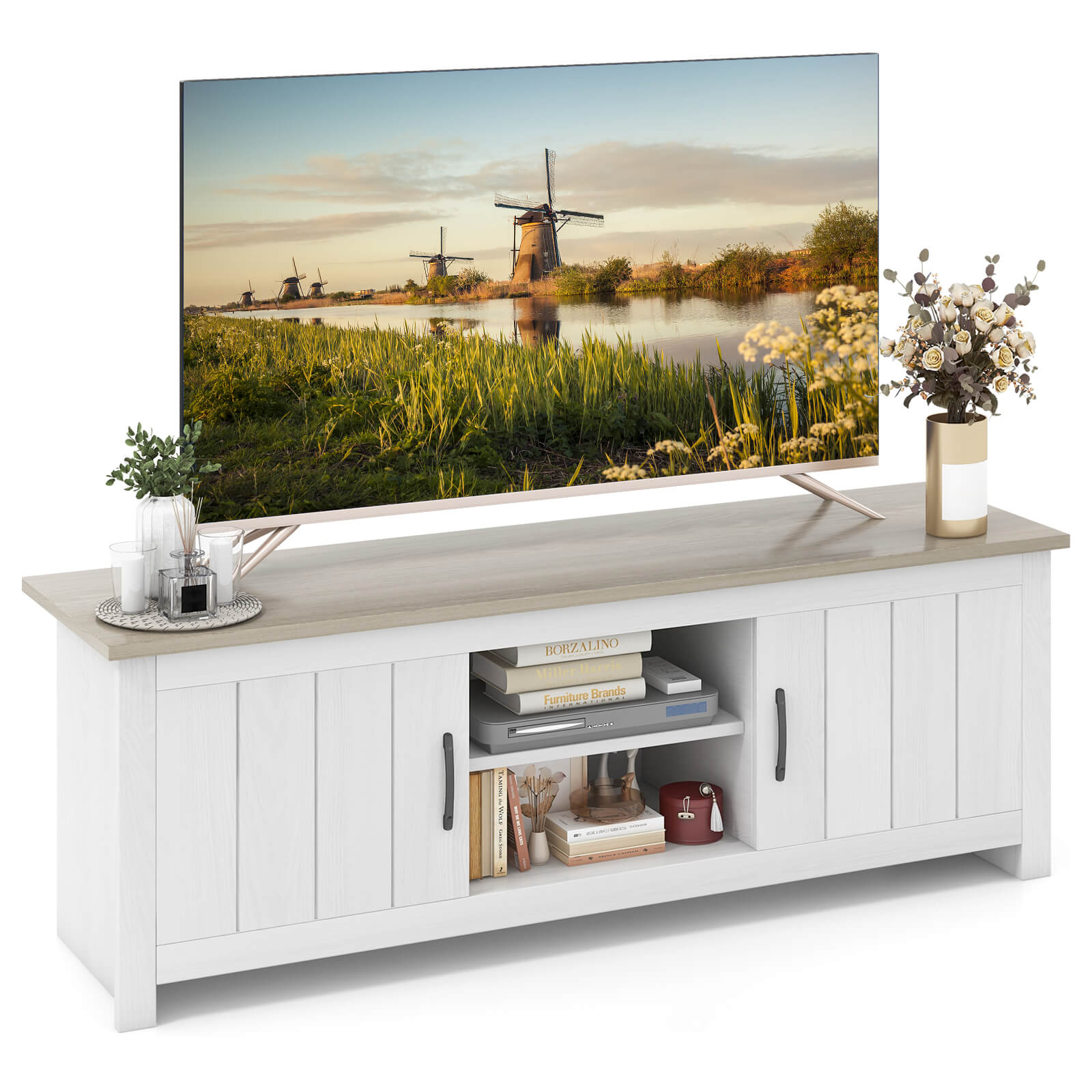 TV Stand with 2 Cabinets and Open Shelves for TVs up to 65 Inch-Black - Natural