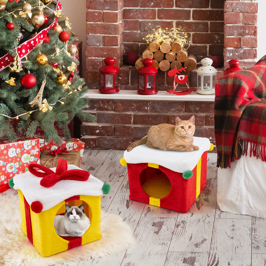 2 Gift Box Shaped Cute Christmas Cat House with Bow-Multicolor