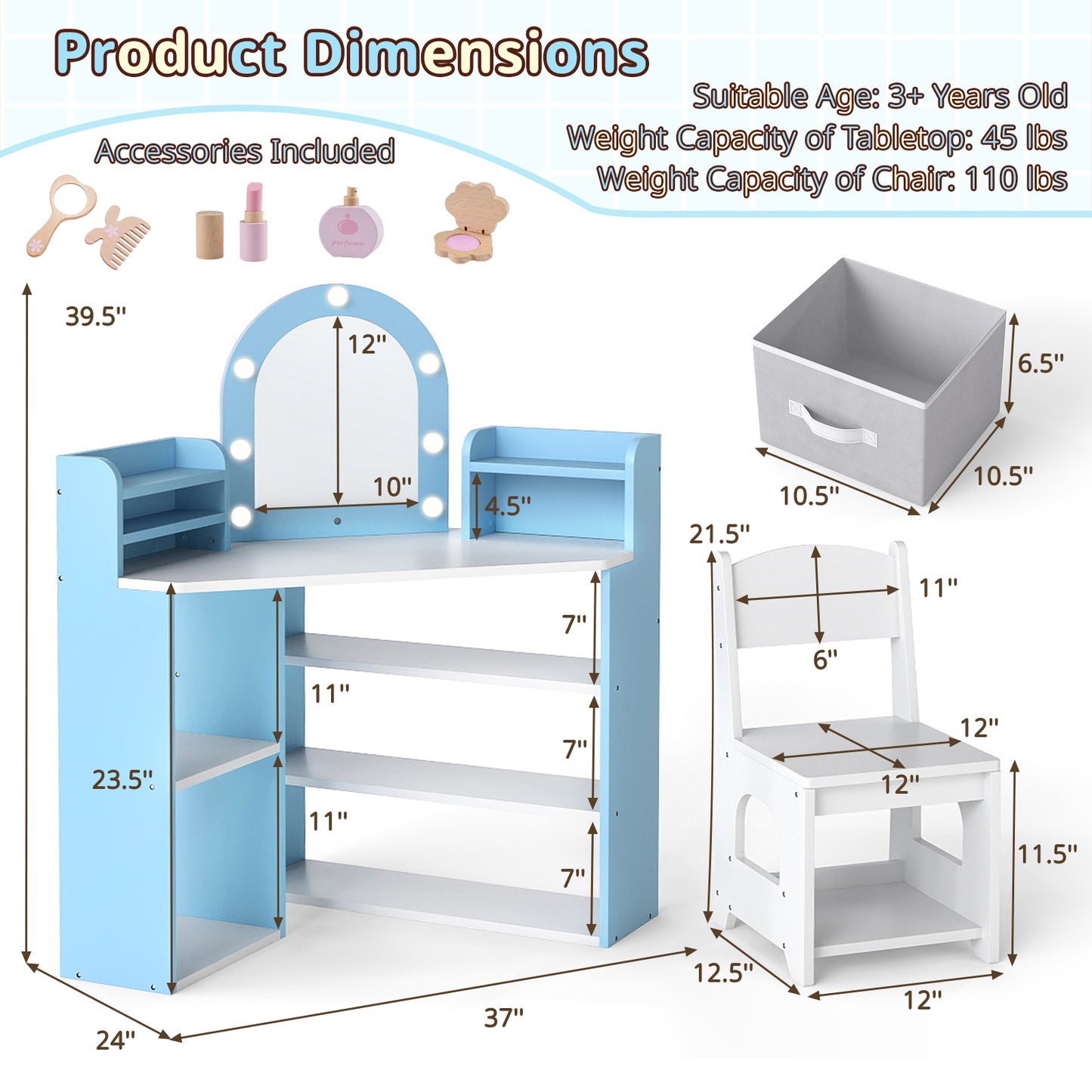 2-In-1 Kids Vanity Set with Lights for Toddlers 3+ Years Old-White