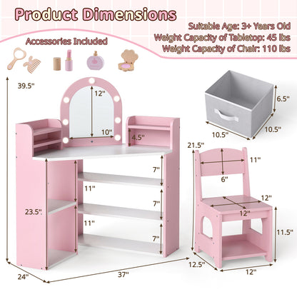 2-In-1 Kids Vanity Set with Lights for Toddlers 3+ Years Old-Pink