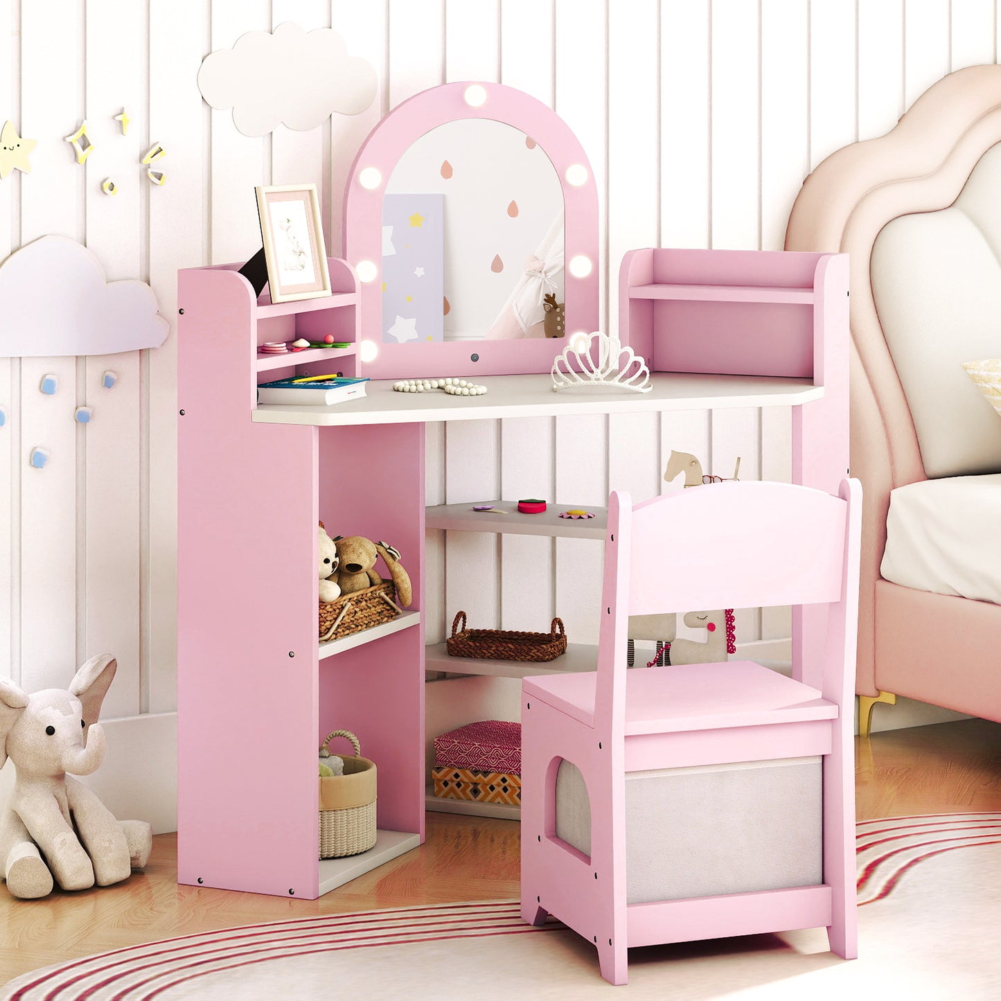 2-In-1 Kids Vanity Set with Lights for Toddlers 3+ Years Old-Pink