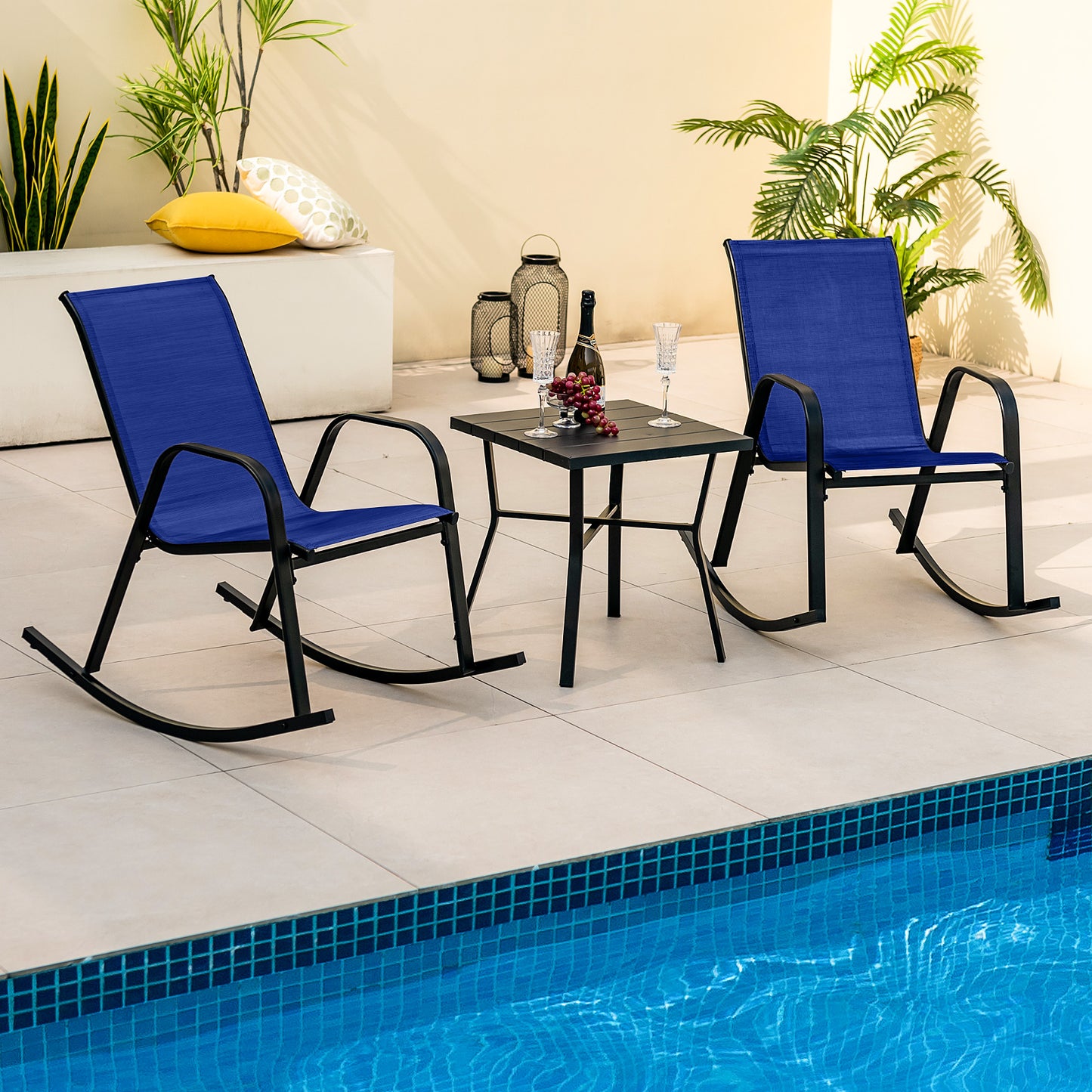 Set of 2 Metal Patio Rocking Chair with Breathable Seat Fabric-Navy