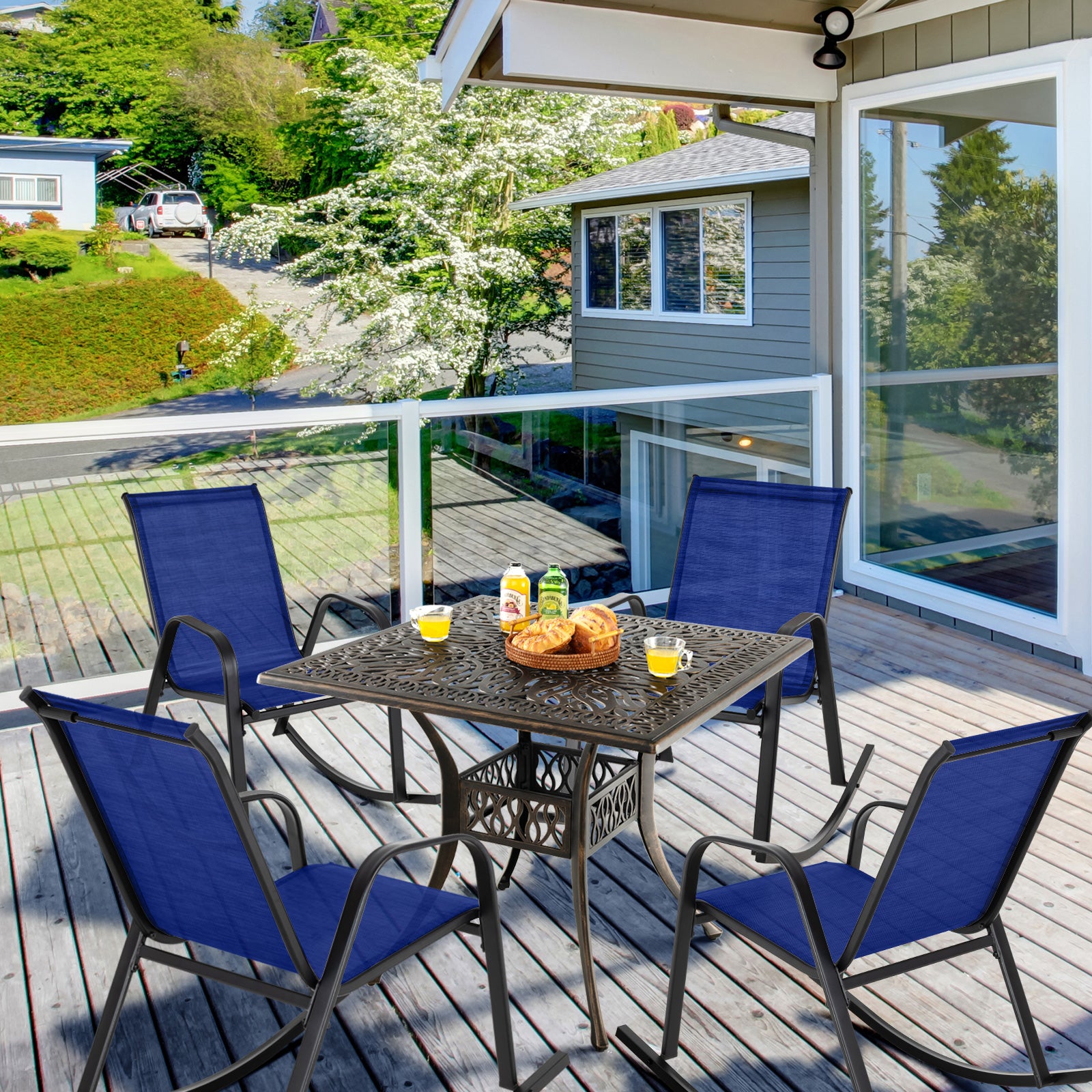 Set of 2 Metal Patio Rocking Chair with Breathable Seat Fabric-Navy