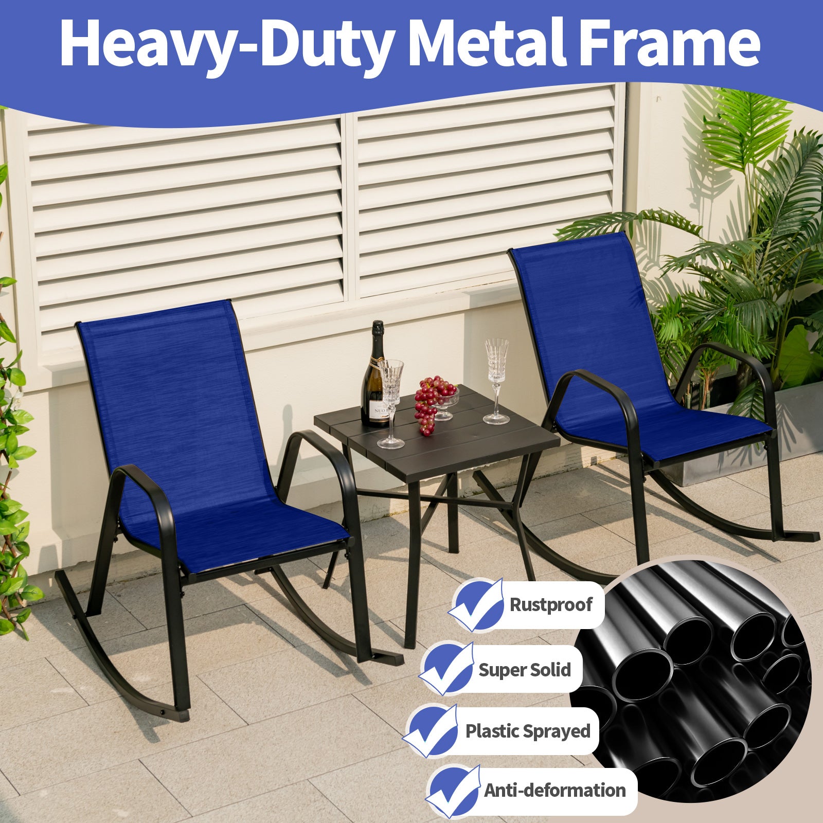 Set of 2 Metal Patio Rocking Chair with Breathable Seat Fabric-Navy