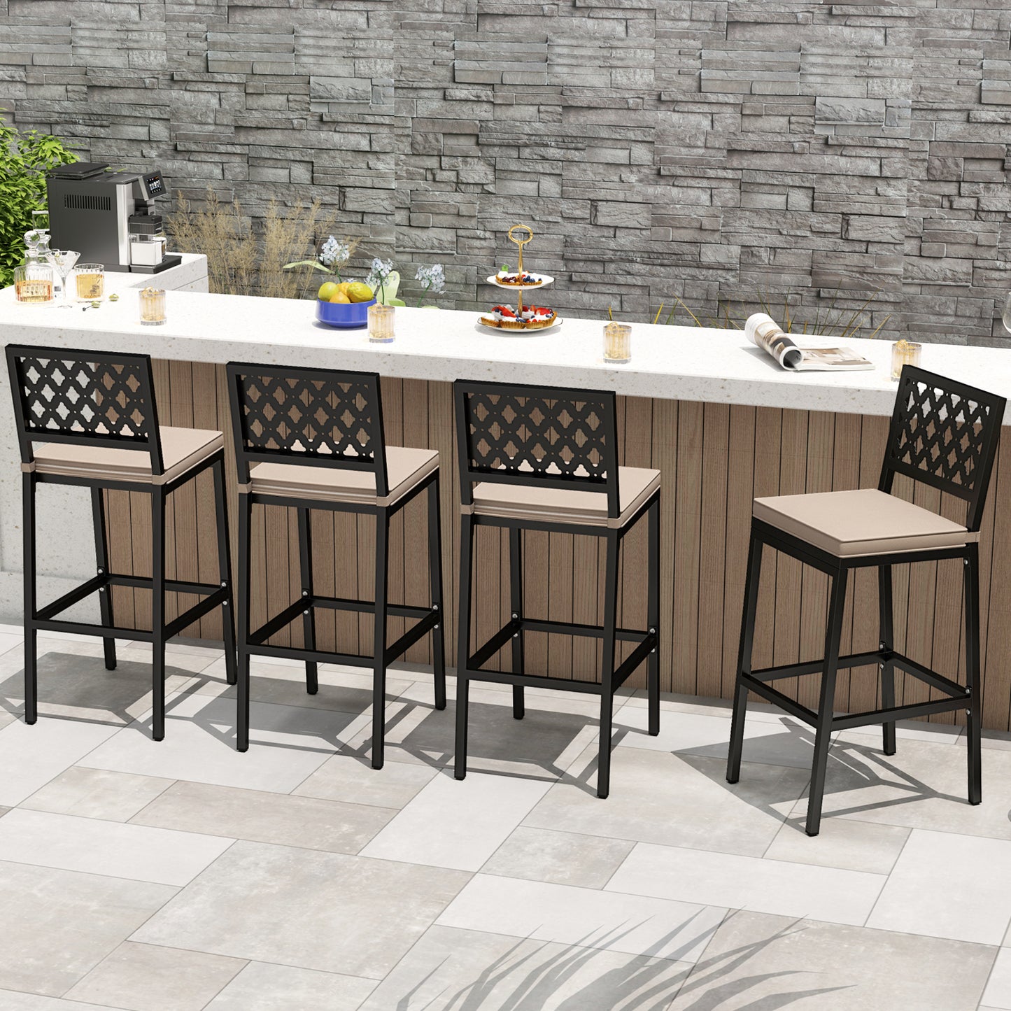 Set of 2 Patio Bar Chairs Counter Height with Detachable Cushion and Footrest-Argyle Pattern