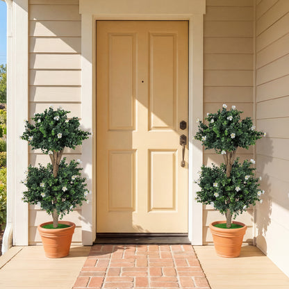 2 Pack 36" Artificial Double Ball Boxwood Topiary Tree with 41 Blossoms